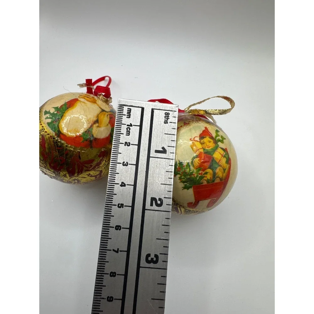 Vintage Style Decoupage Christmas Ornaments Santa and Elf Gold Foil Set of 2